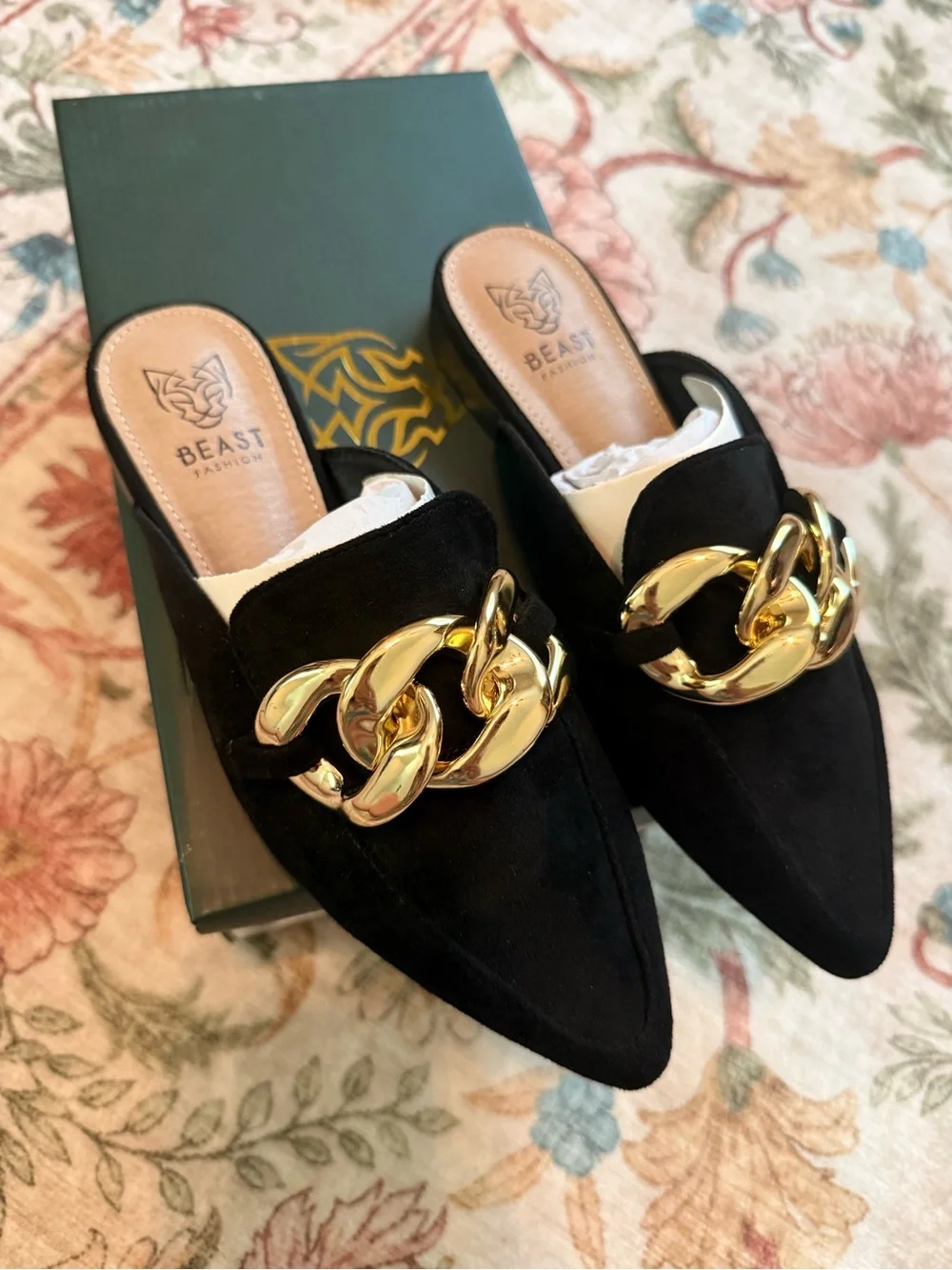 BEAST FASHION Black Suede Pointed Slip-On Mules with Chunky Gold Chain - Picture 1 of 8